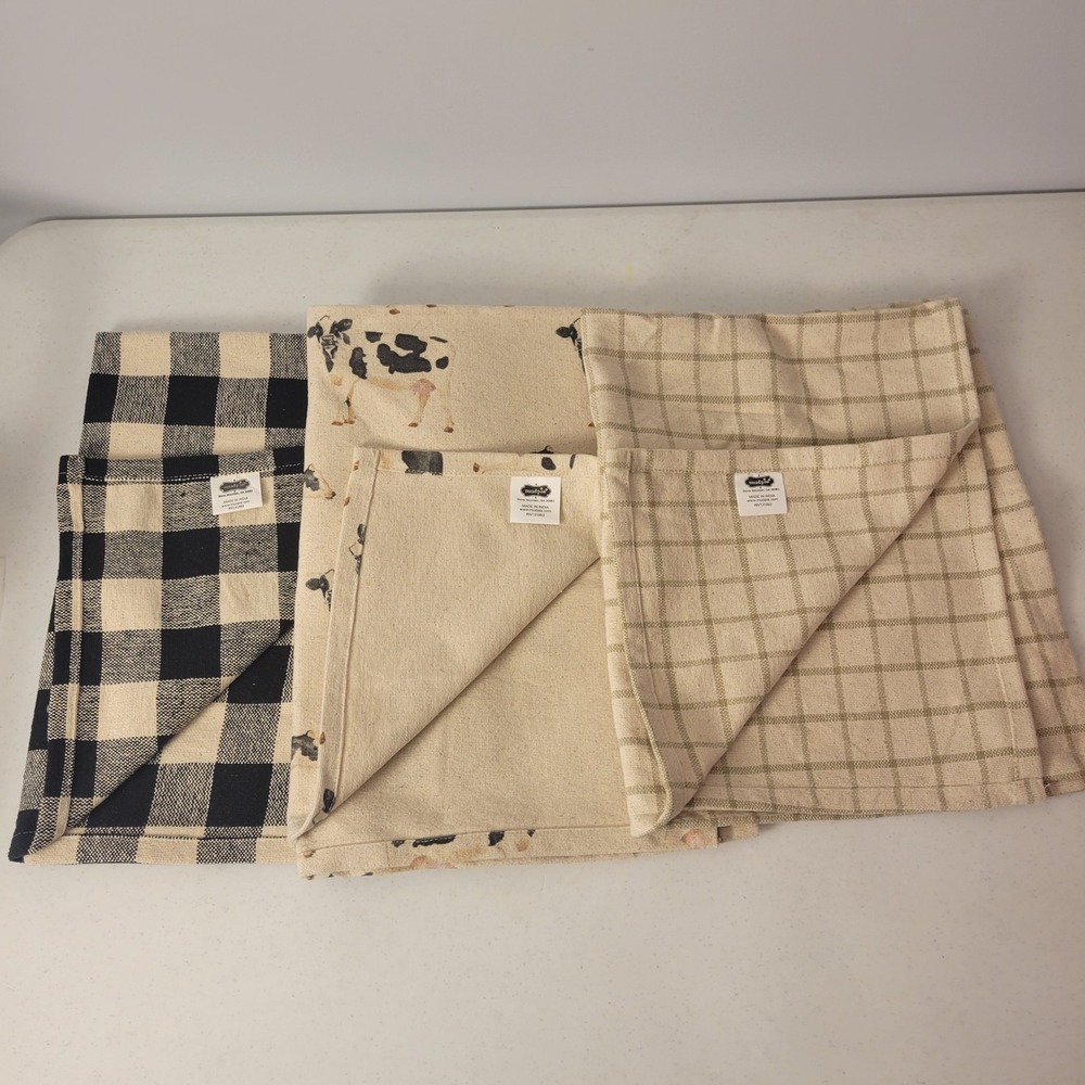 Mud Pie Kitchen Towel Set-3 Multicolor Farmhouse Cow Plaid Buffalo Check  28x21